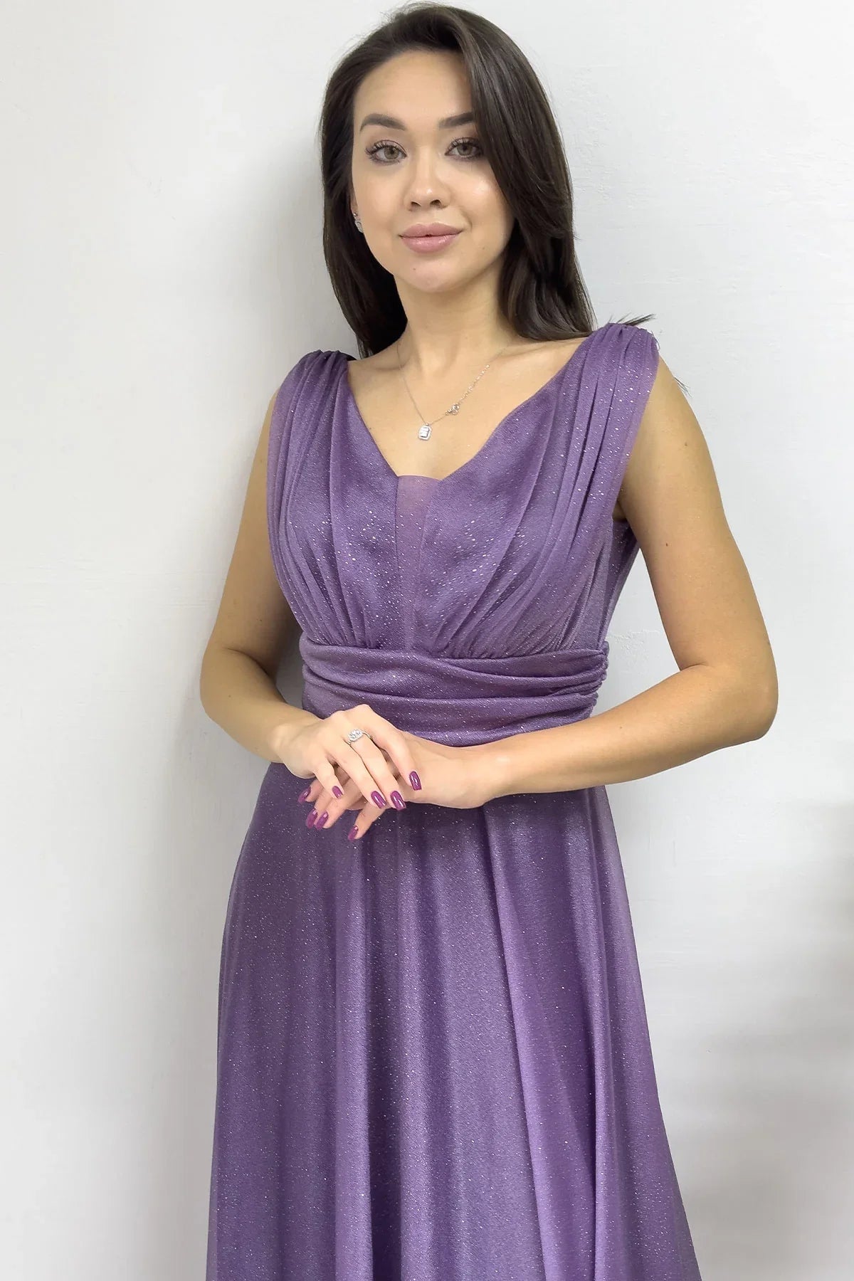 Kadın Koyu Lila Sıfır Kol Transparan Detay Abiye Elbise