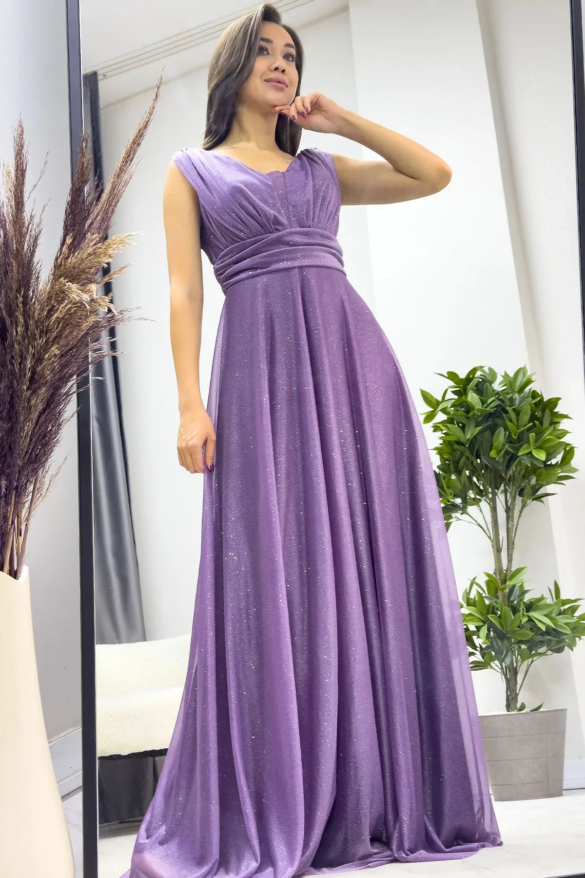 Kadın Koyu Lila Sıfır Kol Transparan Detay Abiye Elbise