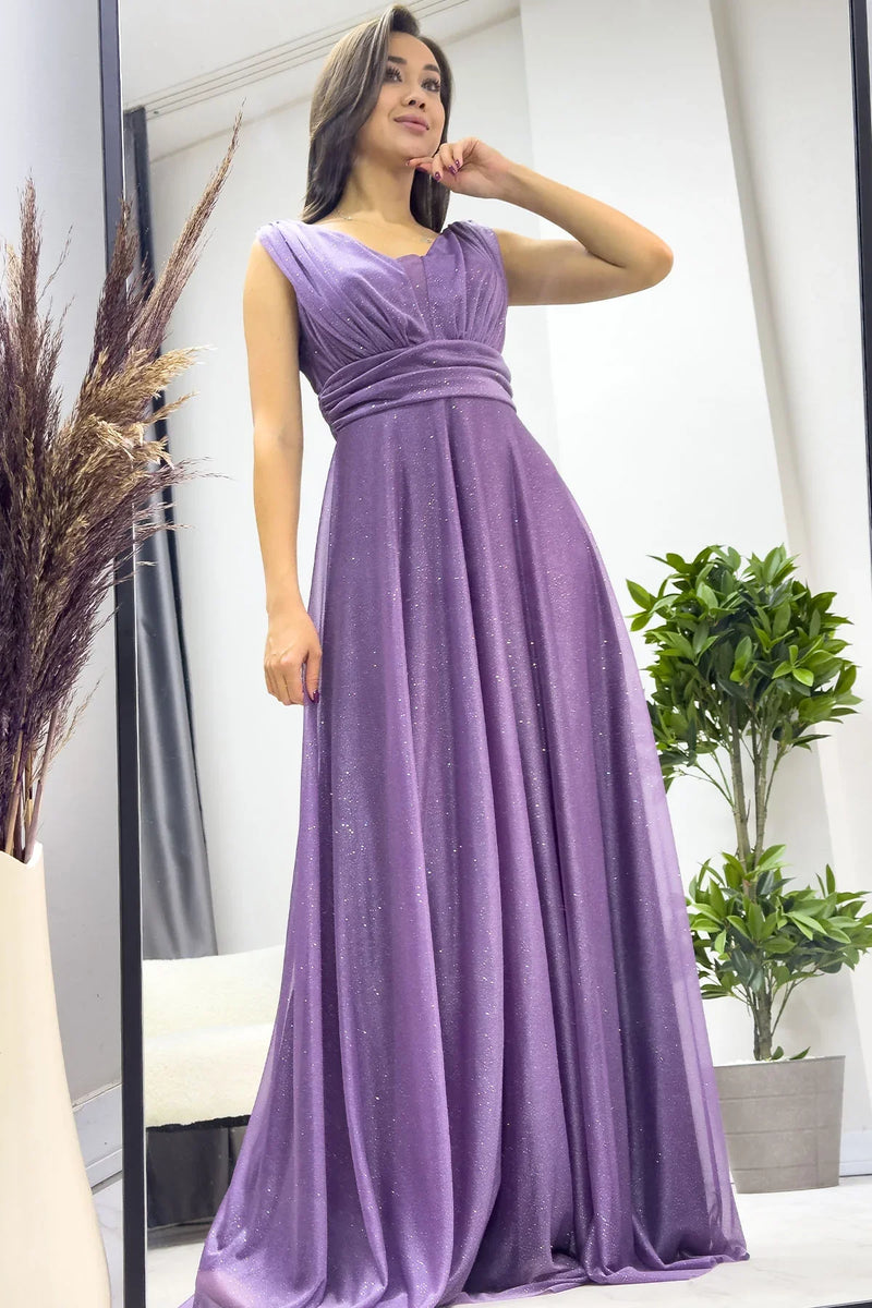 Kadın Koyu Lila Sıfır Kol Transparan Detay Abiye Elbise