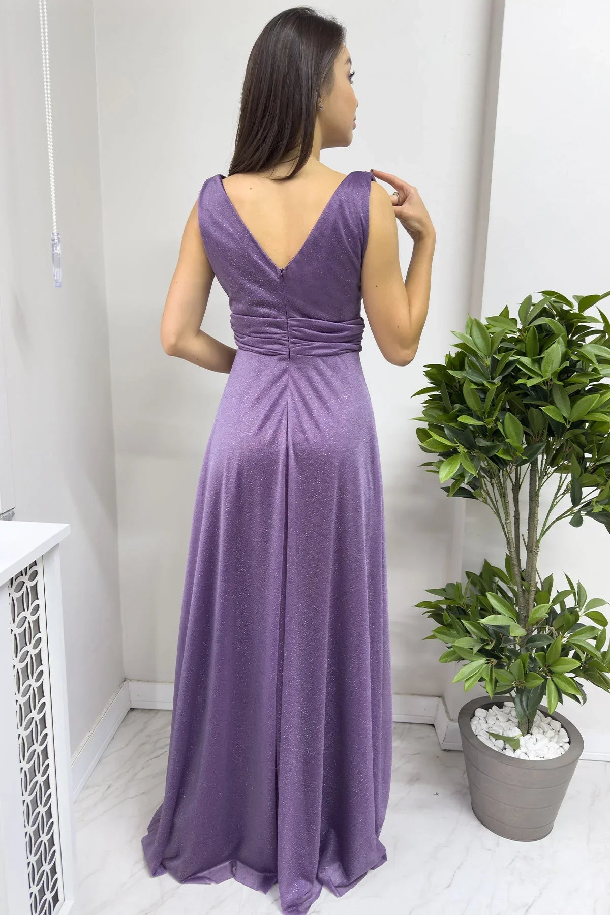 Kadın Koyu Lila Sıfır Kol Transparan Detay Abiye Elbise