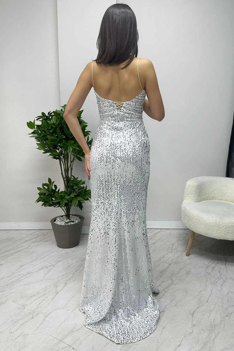 Beyaz İp Askılı Sırt Dekolte İp Bağlamalı Pul Payet Tasarım Kuyruklu Abiye