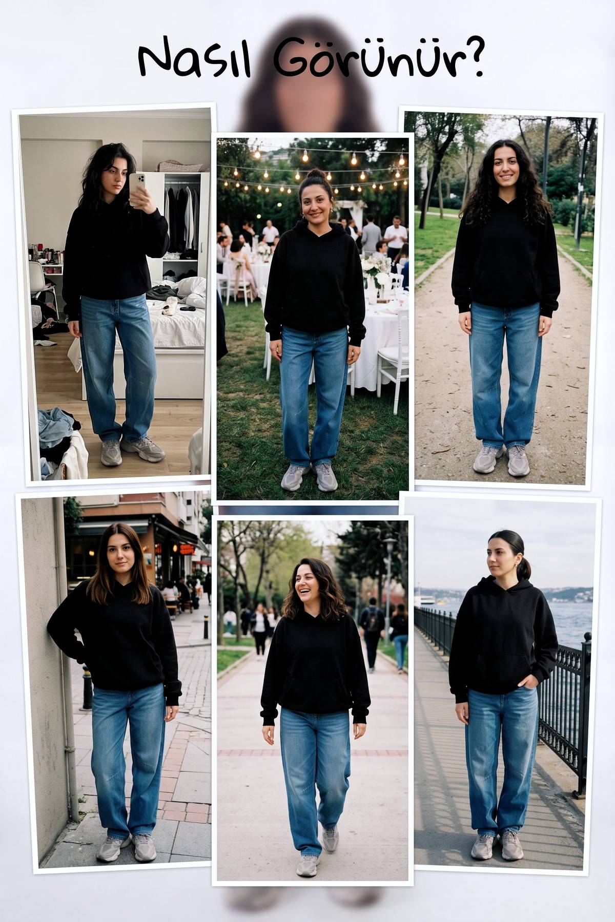 The ZKS siyah kapüşonlu sweatshirt ve kot pantolon kombinleri, farklı mekanlarda çekilmiş görseller