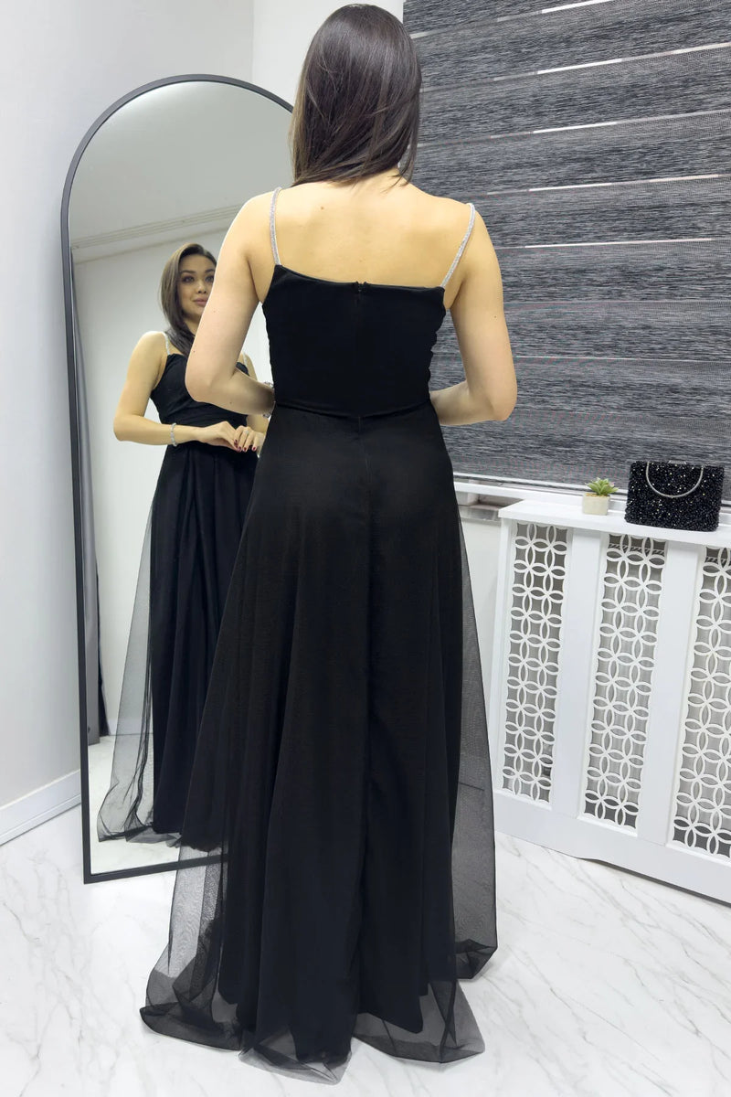 Kadın Siyah Taş Askılı Ayarlanabilir Yırtmaçlı Büyük Beden Abiye Elbise

