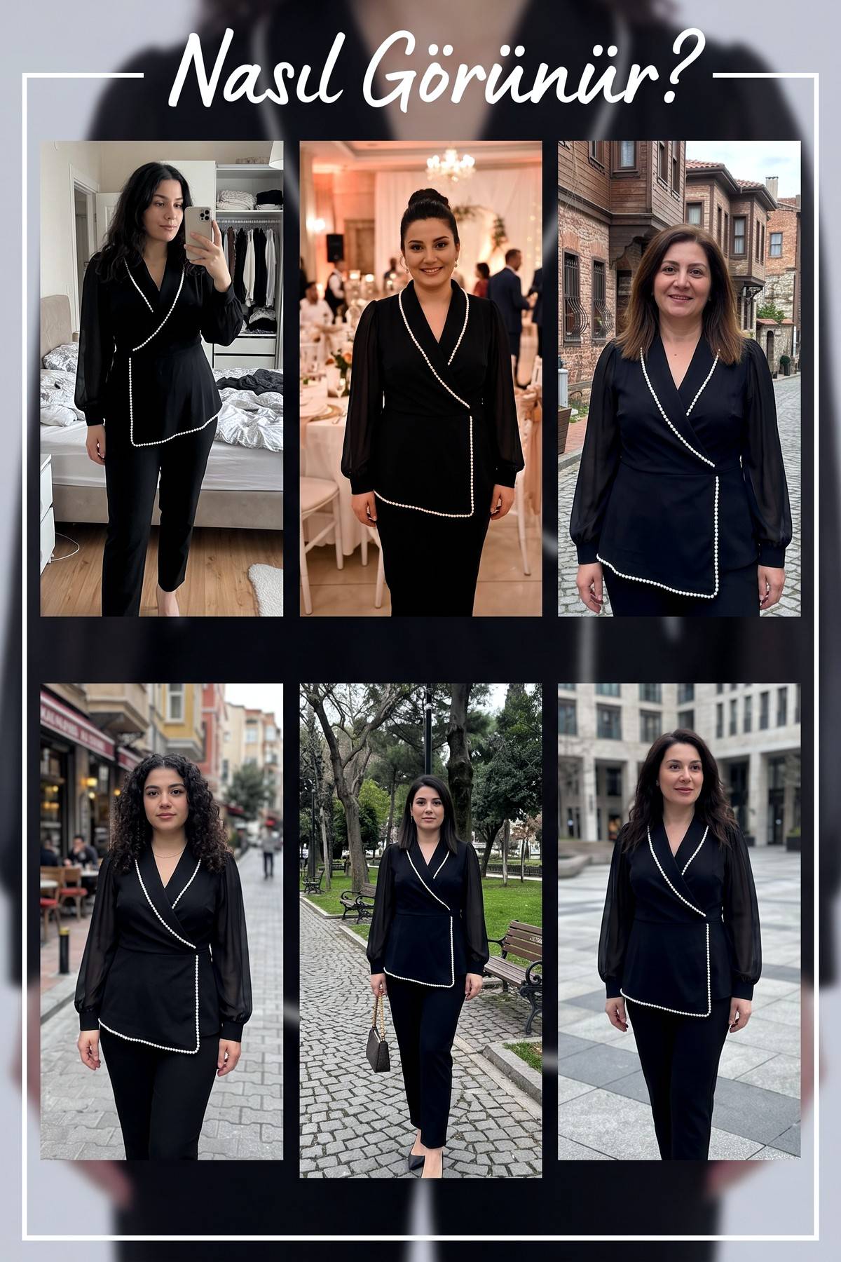 Farklı ortamlarda giyilmiş The ZKS büyük beden siyah inci detaylı şifon kollu ikili takım kombinleri