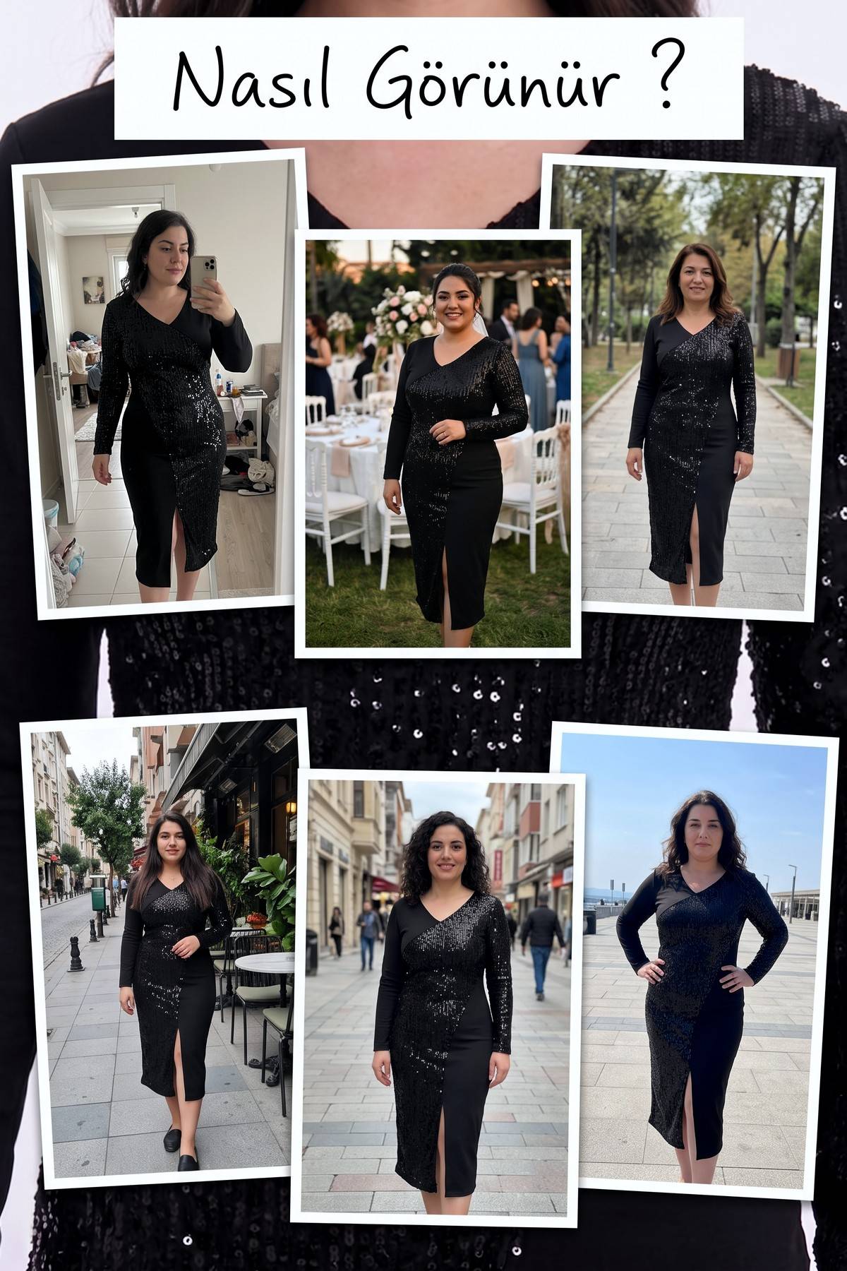 The ZKS büyük beden payetli midi elbise farklı mekanlarda giyilmiş modellerin kolajı