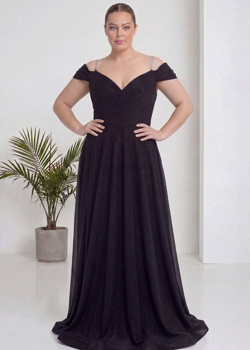 Siyah Büyük Beden Piliseli Kruvaze Abiye Elbise