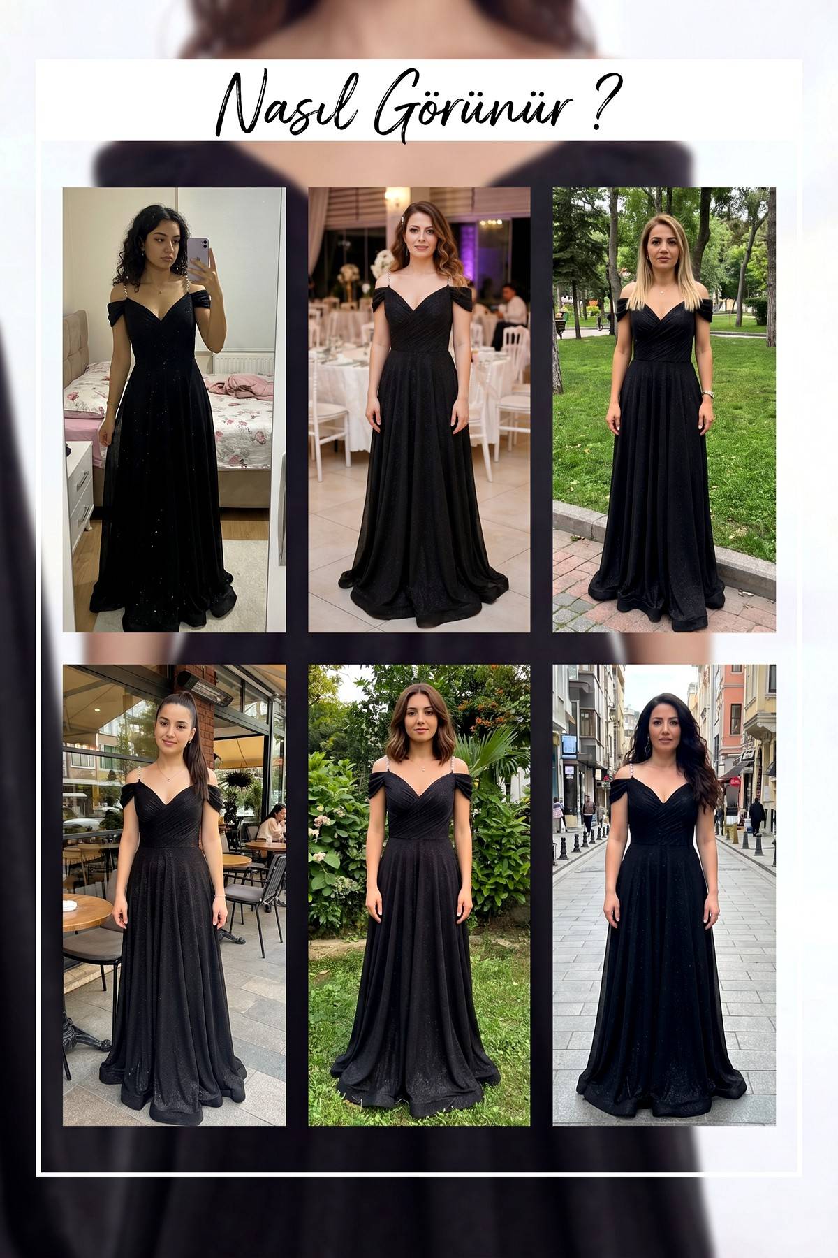 Farklı mekanlarda The ZKS siyah kruvaze abiye elbise giyen modellerin kolajı, tam boydan çekimler