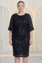 ZKS büyük beden siyah pulpayet midi abiye elbise, model önden tam görünüm