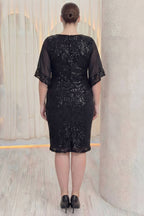 ZKS büyük beden siyah pulpayet midi abiye elbise, modelin arkadan görünümü