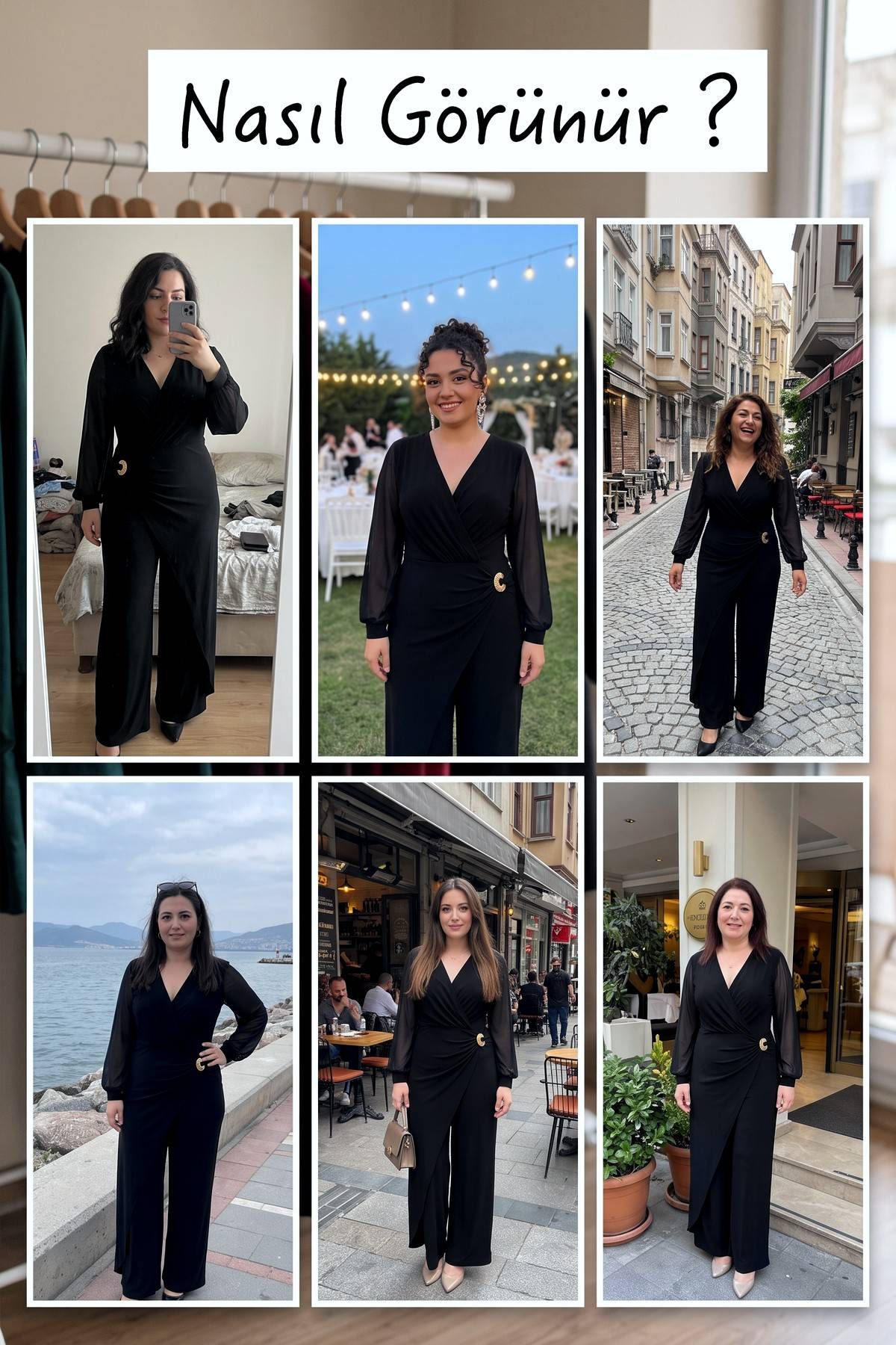 Büyük beden siyah şifon kruvaze tulum, gold halka detaylı, farklı mekanlarda kullanım kombinleri