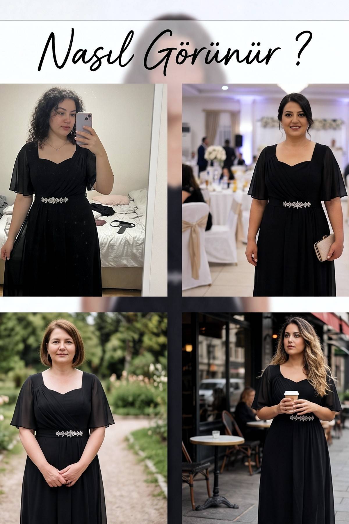 Farklı ortamlarda The ZKS büyük beden siyah şifon midi elbise giyen modellerin kolajı