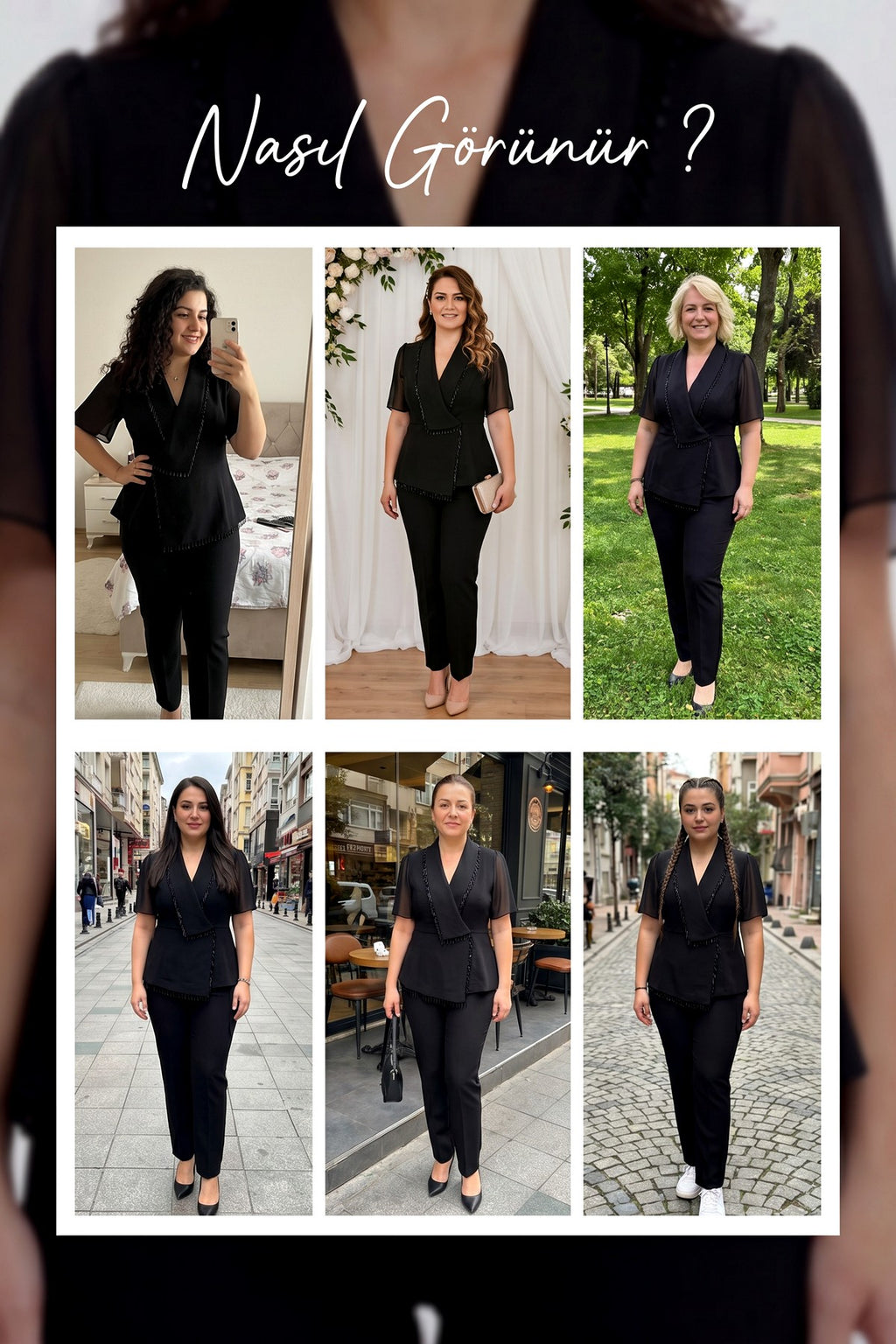 The ZKS büyük beden taş detaylı kruvaze ikili takımın farklı bedenlerdeki kullanıcılar üzerindeki görünümü