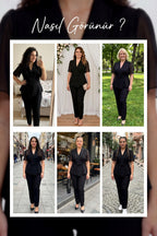 The ZKS büyük beden taş detaylı kruvaze ikili takımın farklı bedenlerdeki kullanıcılar üzerindeki görünümü