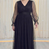 Siyah Büyük Beden V Yaka Uzun Tül Abiye Elbise