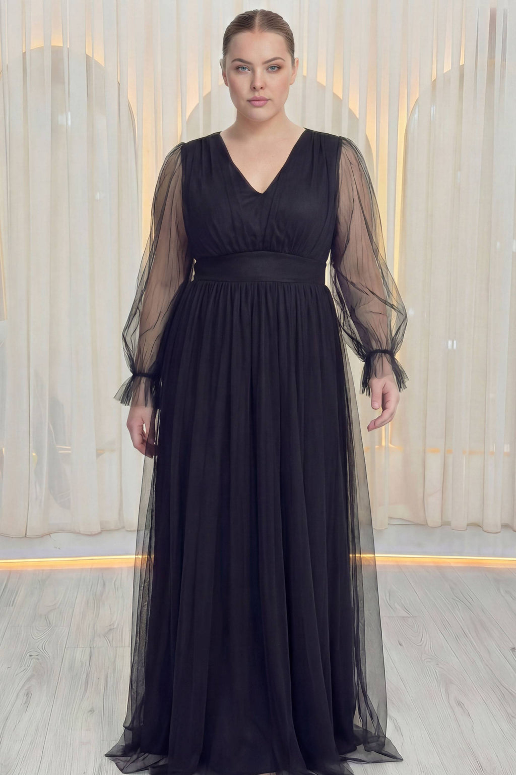 ZKS büyük beden siyah tül abiye elbise V yaka, uzun kollu, tam boy ön görünüm