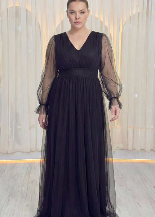 Siyah Büyük Beden V Yaka Uzun Tül Abiye Elbise