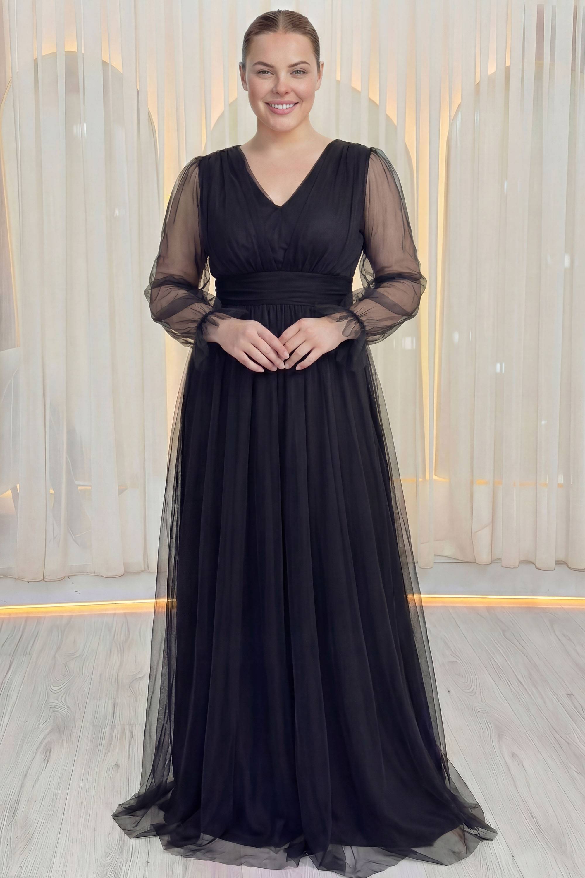 ZKS büyük beden siyah uzun tül abiye elbise V yaka, tam boy, elleri önde birleşik