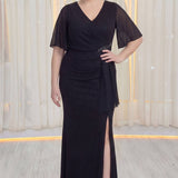 Siyah Büyük Beden Yan Taşlı Şifon Kol Abiye Elbise