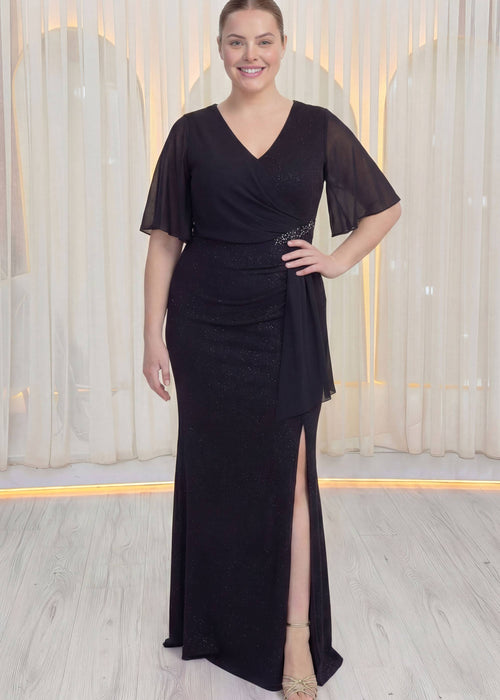 Siyah Büyük Beden Yan Taşlı Şifon Kol Abiye Elbise