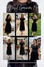 The ZKS siyah abiye elbise, farklı mekanlarda giyilmiş hallerini gösteren altılı kolajın ortasındaki elbise