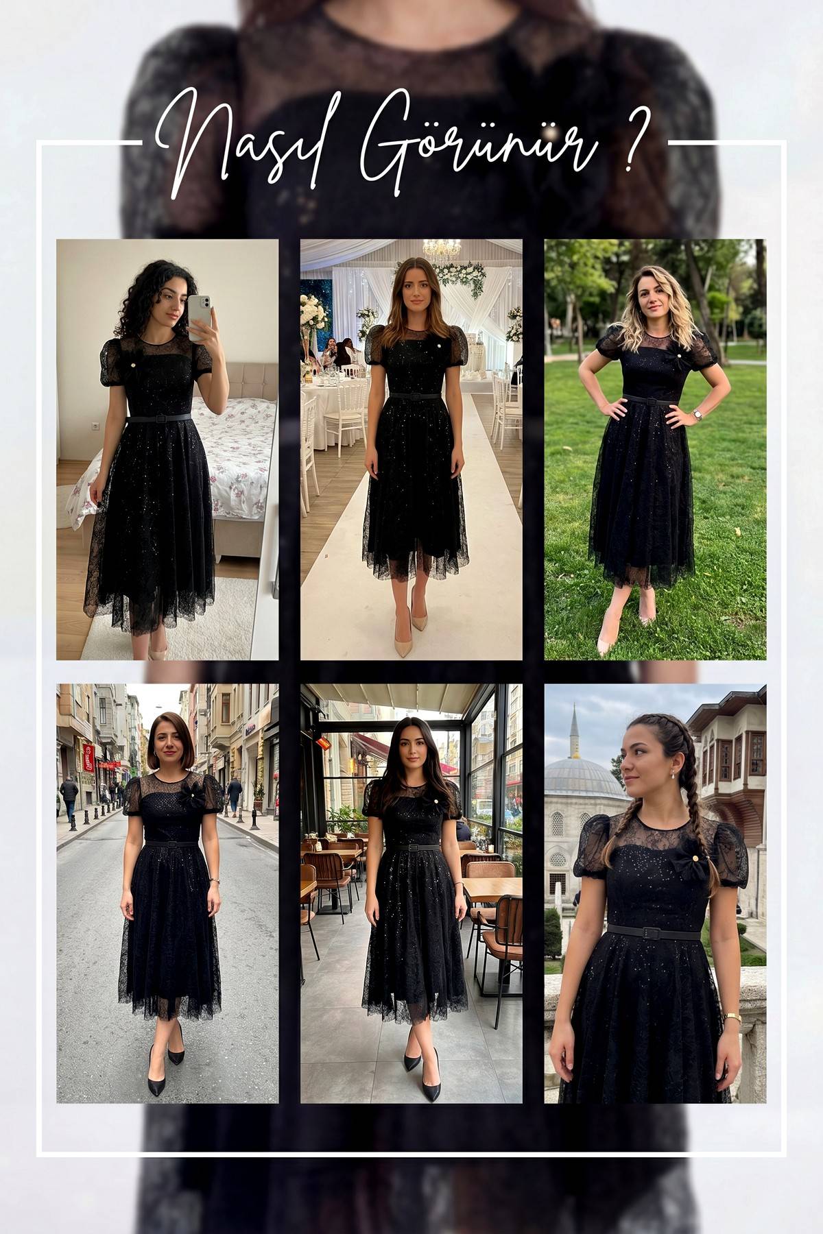 The ZKS siyah abiye elbise, farklı mekanlarda giyilmiş hallerini gösteren altılı kolajın ortasındaki elbise