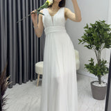 Beyaz Sıfır Kol Transparan Detay Abiye Elbise