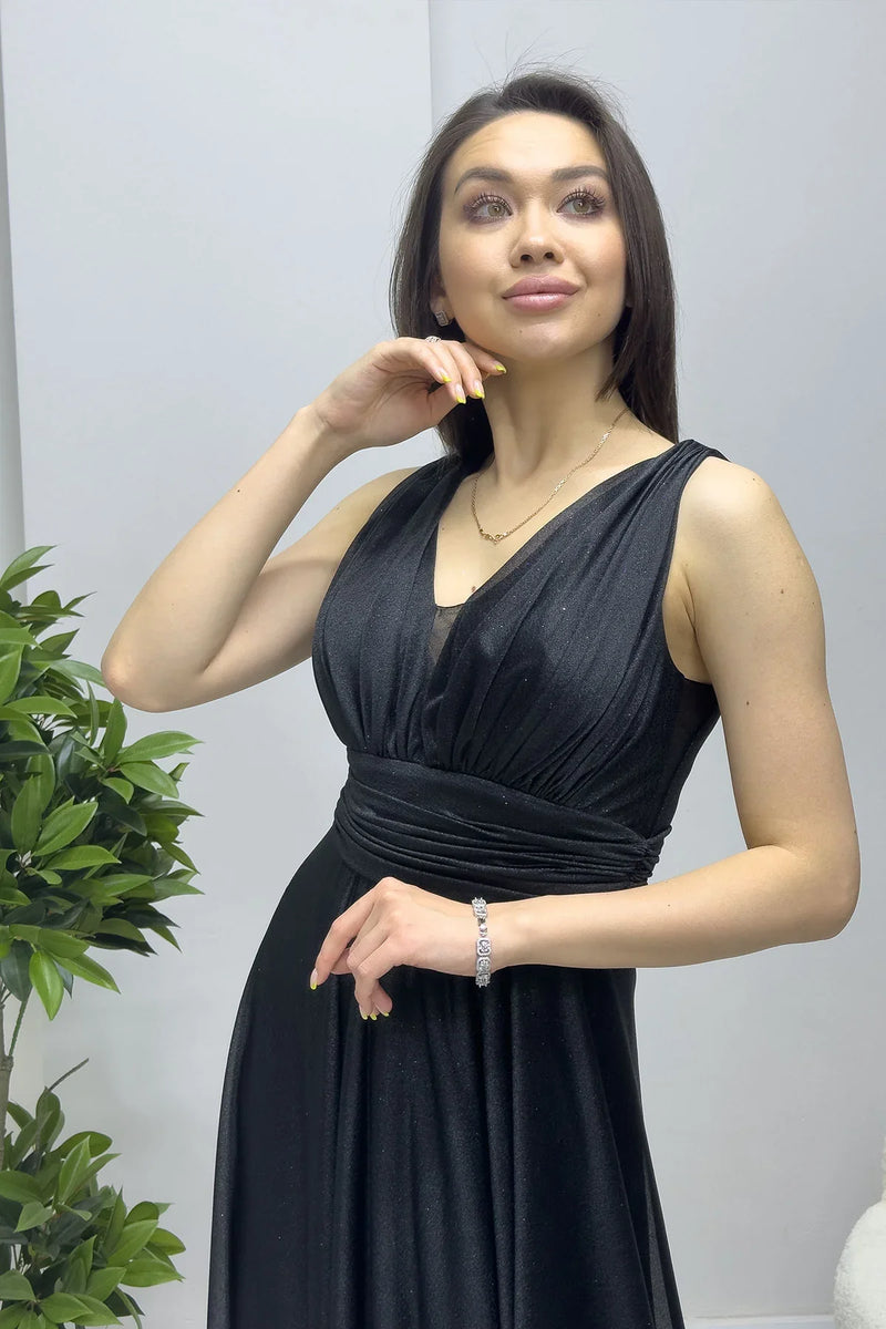 Siyah Sıfır Kol Transparan Detay Abiye Elbise