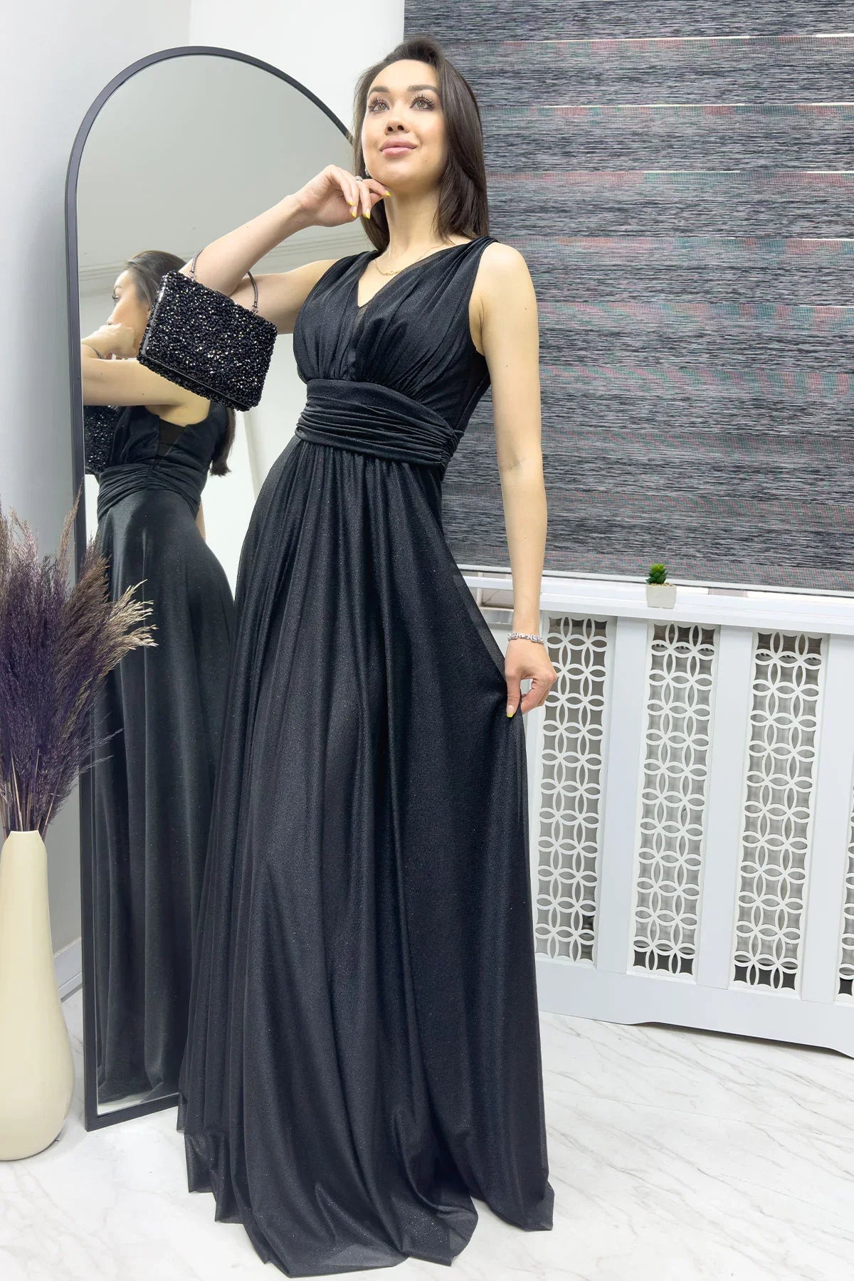 Siyah Sıfır Kol Transparan Detay Abiye Elbise