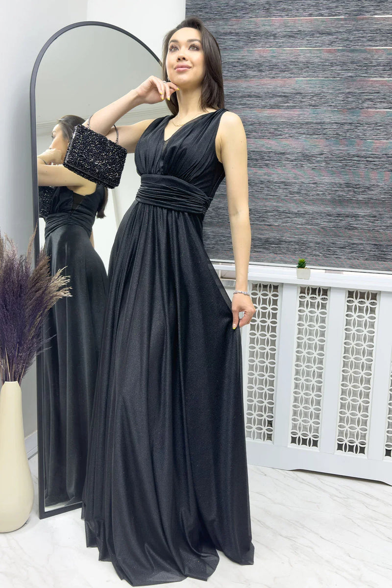 Siyah Sıfır Kol Transparan Detay Abiye Elbise