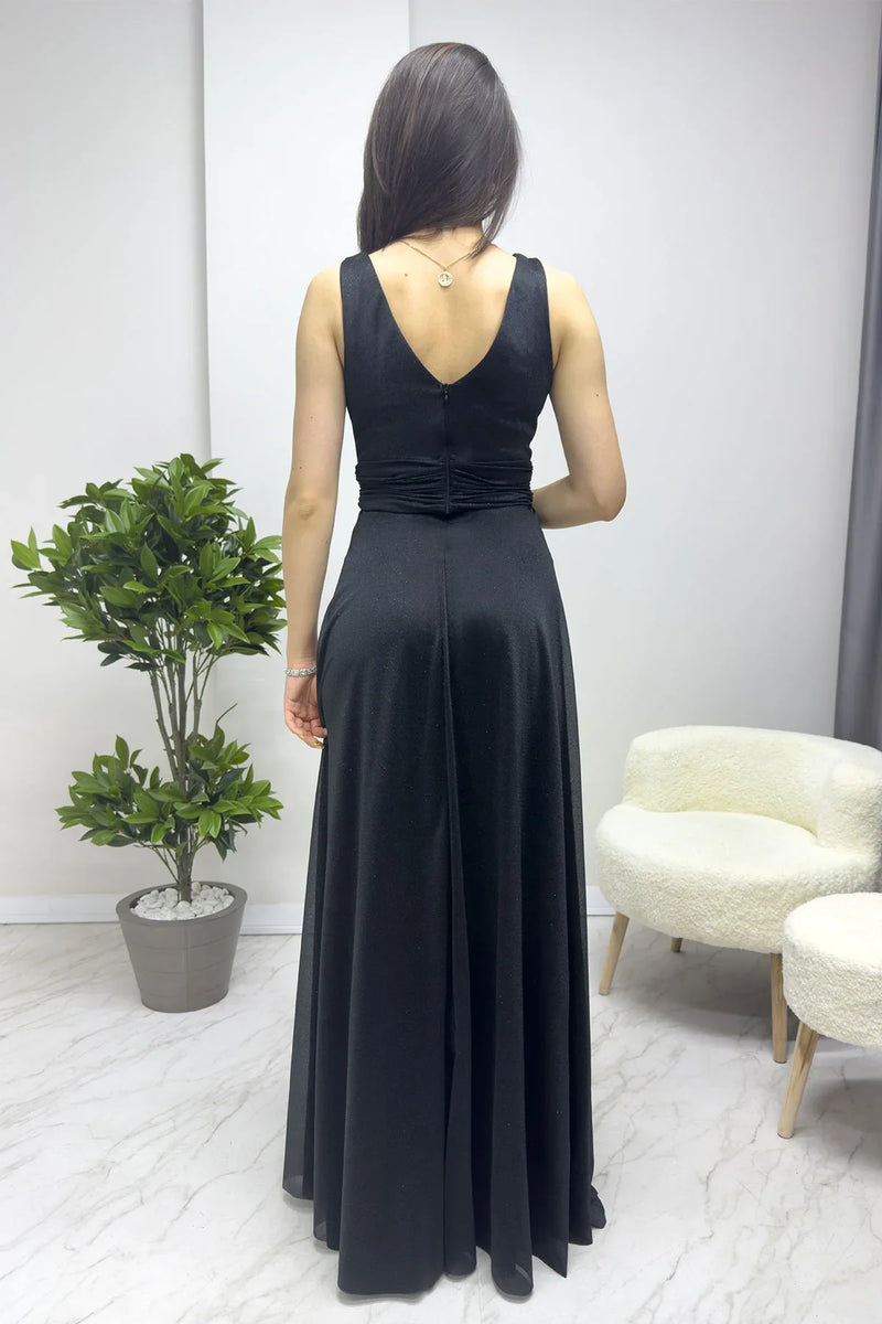 Siyah Sıfır Kol Transparan Detay Abiye Elbise