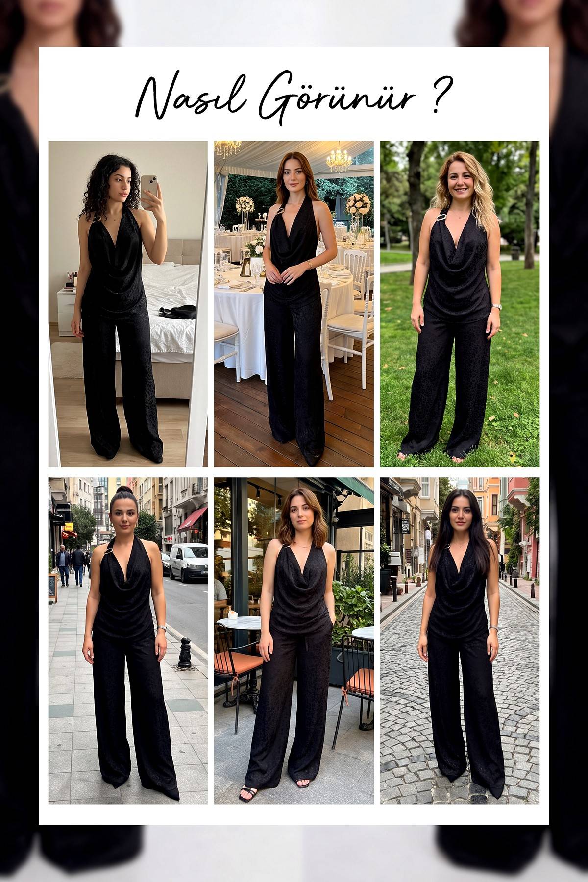 Siyah Desenli Degaje Yaka Pantolon Bluz İkili Takım - Siyah