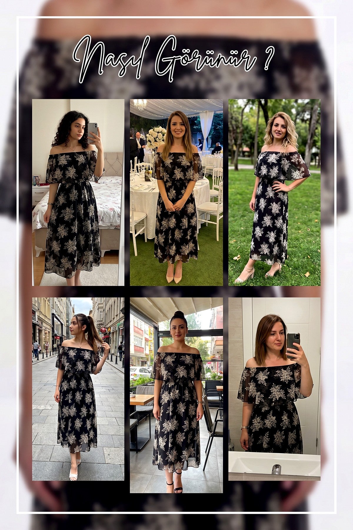 The ZKS midi elbise, siyah, çiçek desenli, madonna yaka, şifon kumaş, farklı ortamlarda giyilmiş modeller, ön ve yan görünümler