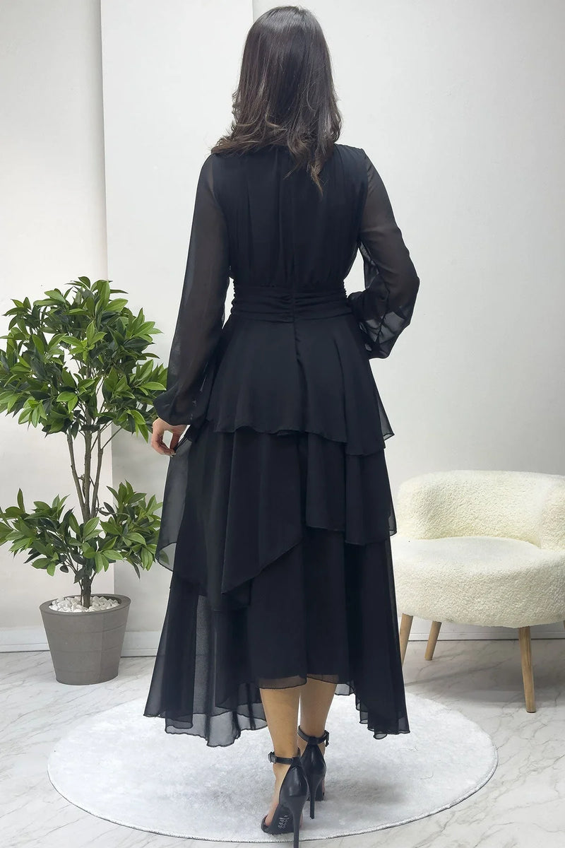 Siyah Dik Yaka Drape Detay Kat Kat Maxi Şifon Elbise - the ZKS