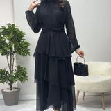 Siyah Dik Yaka Drape Detay Kat Kat Maxi Şifon Elbise