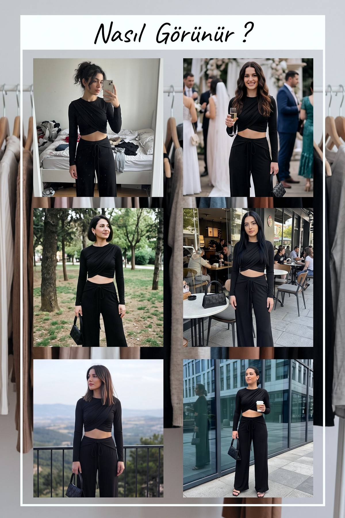 The ZKS siyah crop bluz ve geniş paça pantolon takımı farklı mekanlarda kullanım kombinleri