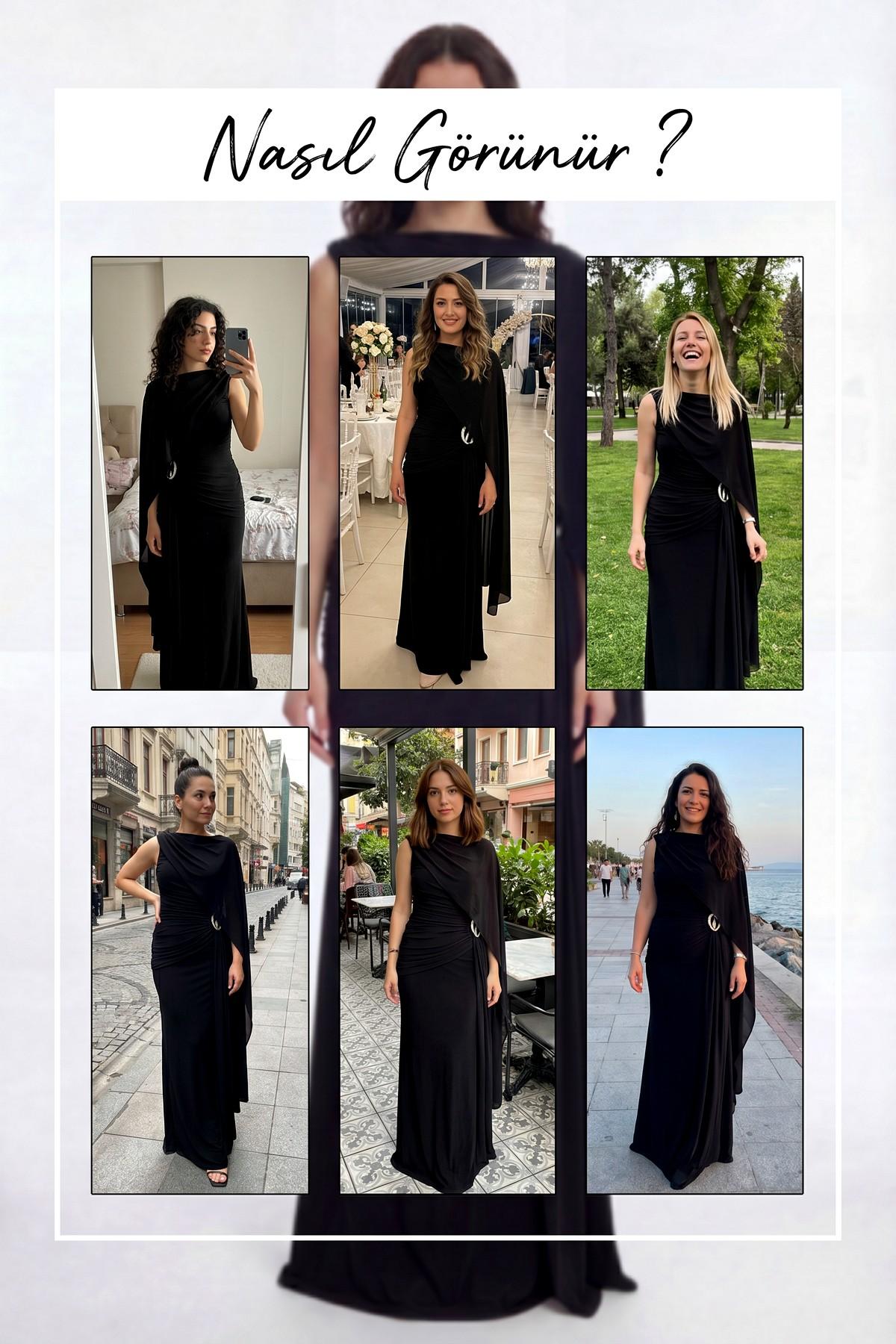 Farklı mekanlarda The ZKS siyah tek omuz pelerinli broşlu abiye elbise giyen modeller