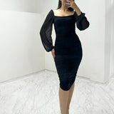 Siyah Kare Yaka Drapeli Elbise