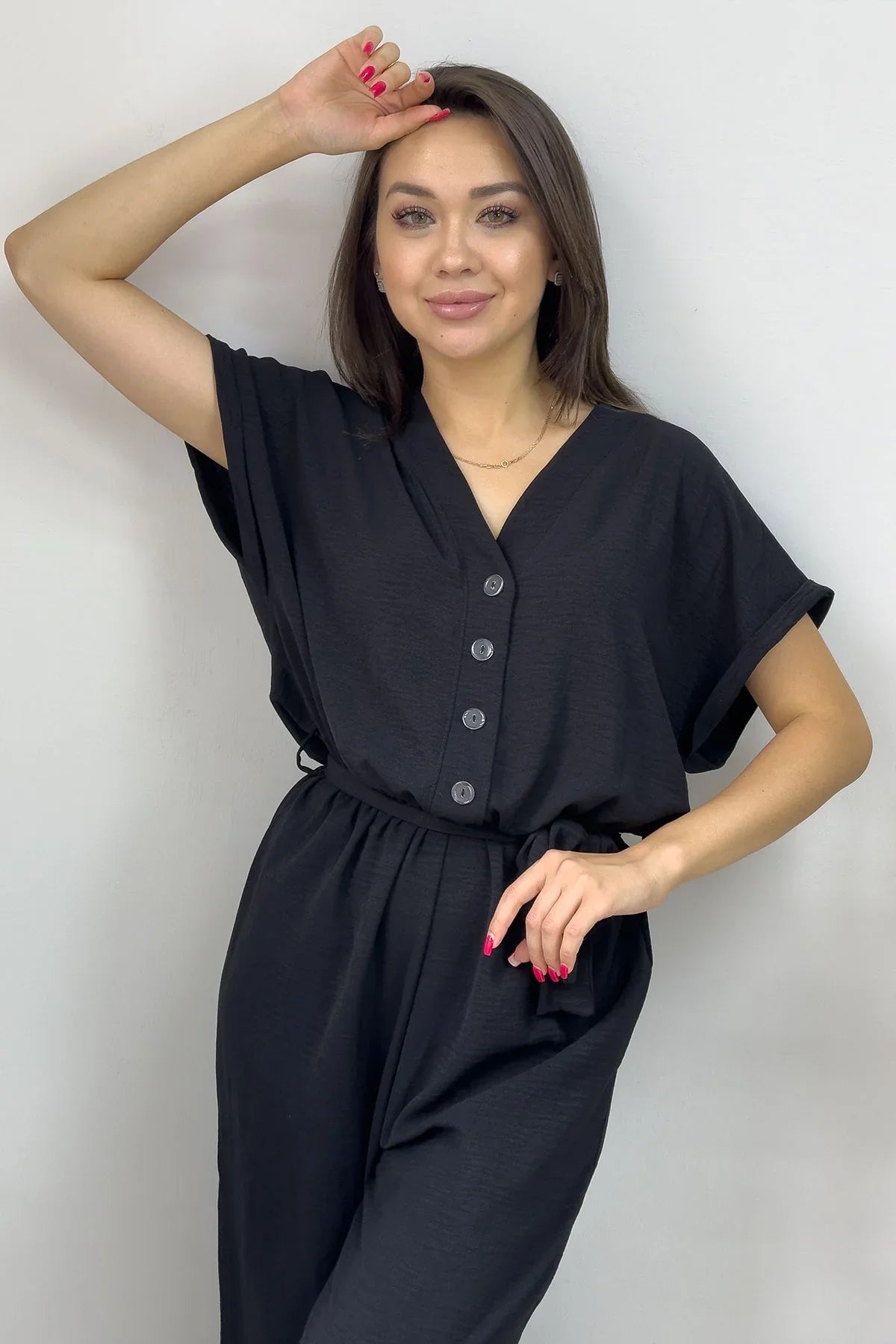 Kadın Siyah Bol Paça Kuşaklı Tulum