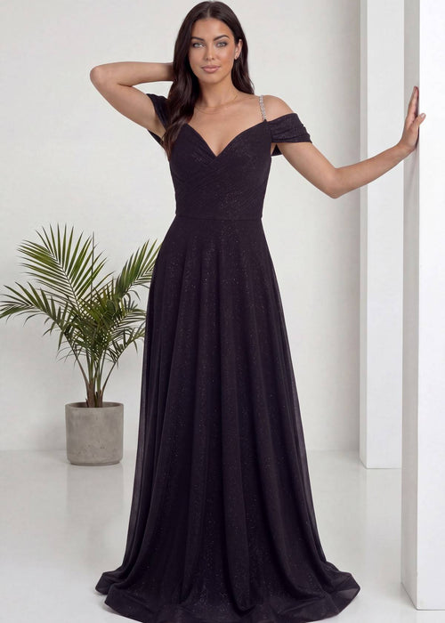 Siyah Düşük Omuz Simli Uzun Abiye Elbise