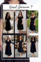 Siyah kısa kol midi boy v yaka pileli günlük elbise deneme