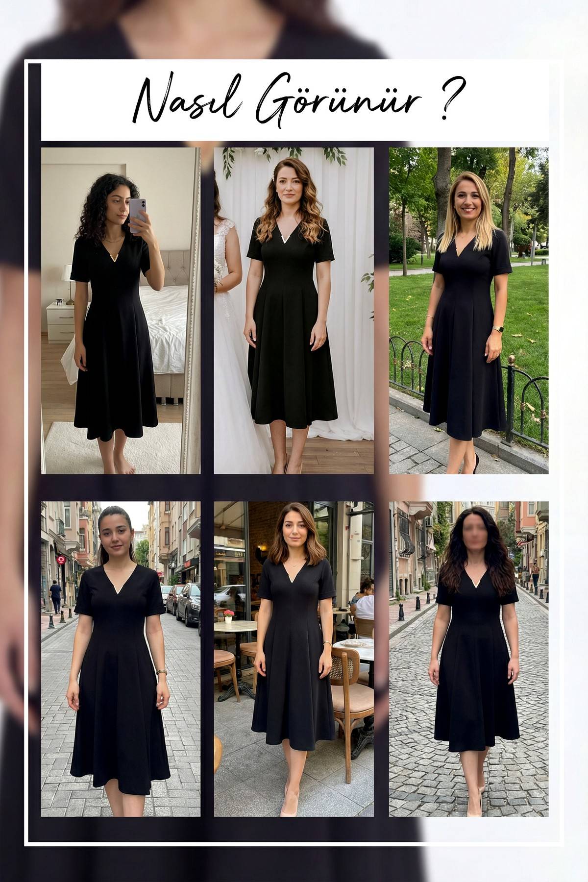 Siyah kısa kol midi boy v yaka pileli günlük elbise deneme