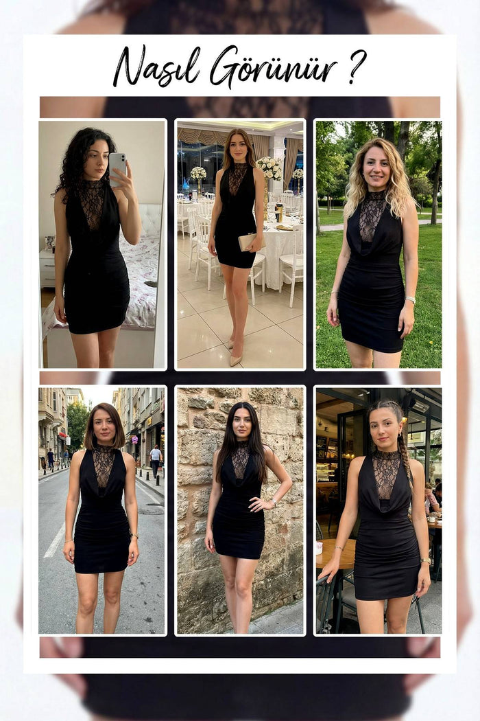 Siyah Dantel Detaylı Degaje Yaka Mini Elbise – Halter