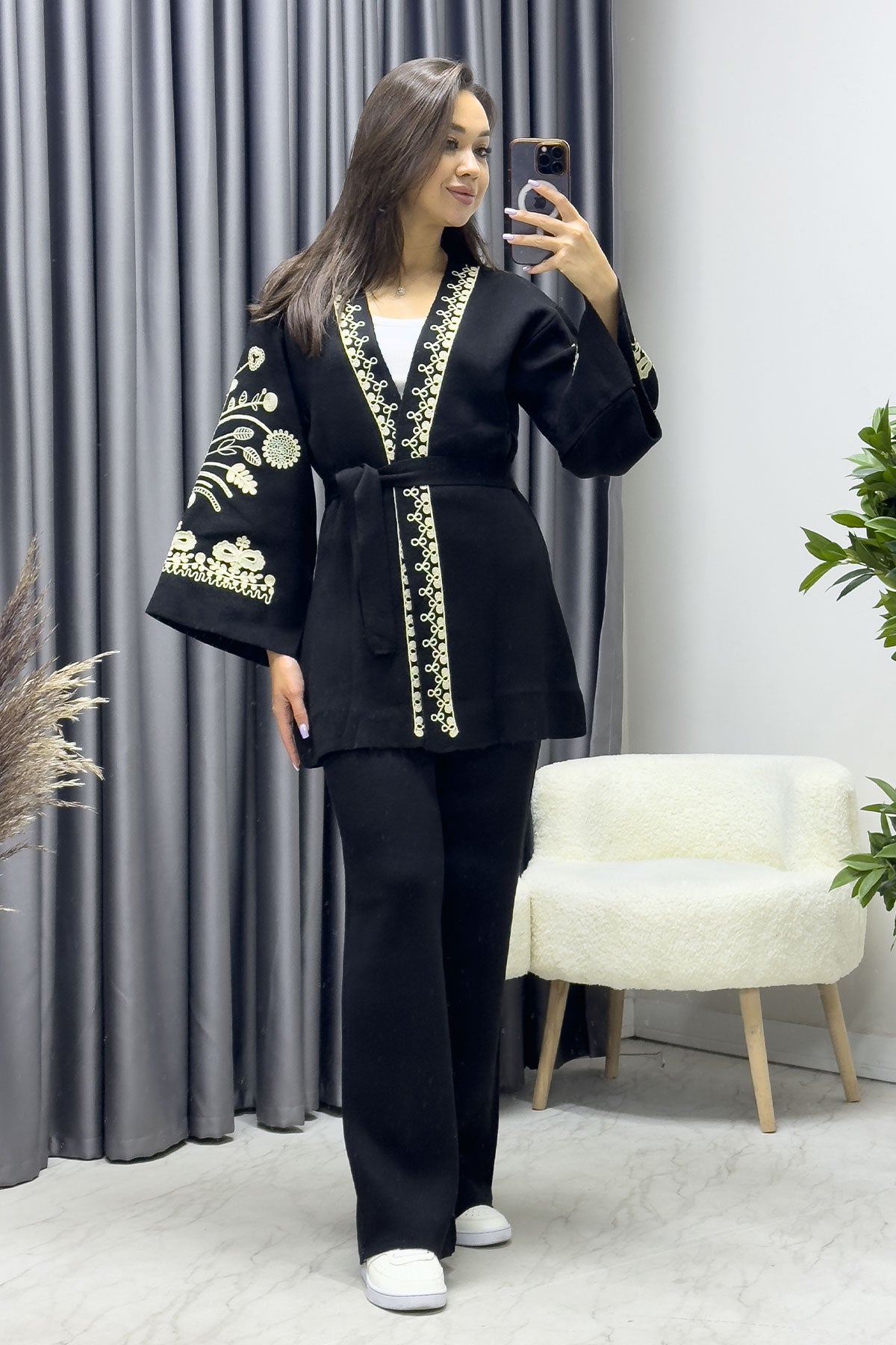 Siyah Nakışlı Etnik Desen Kimona Pantolon İkili Takim