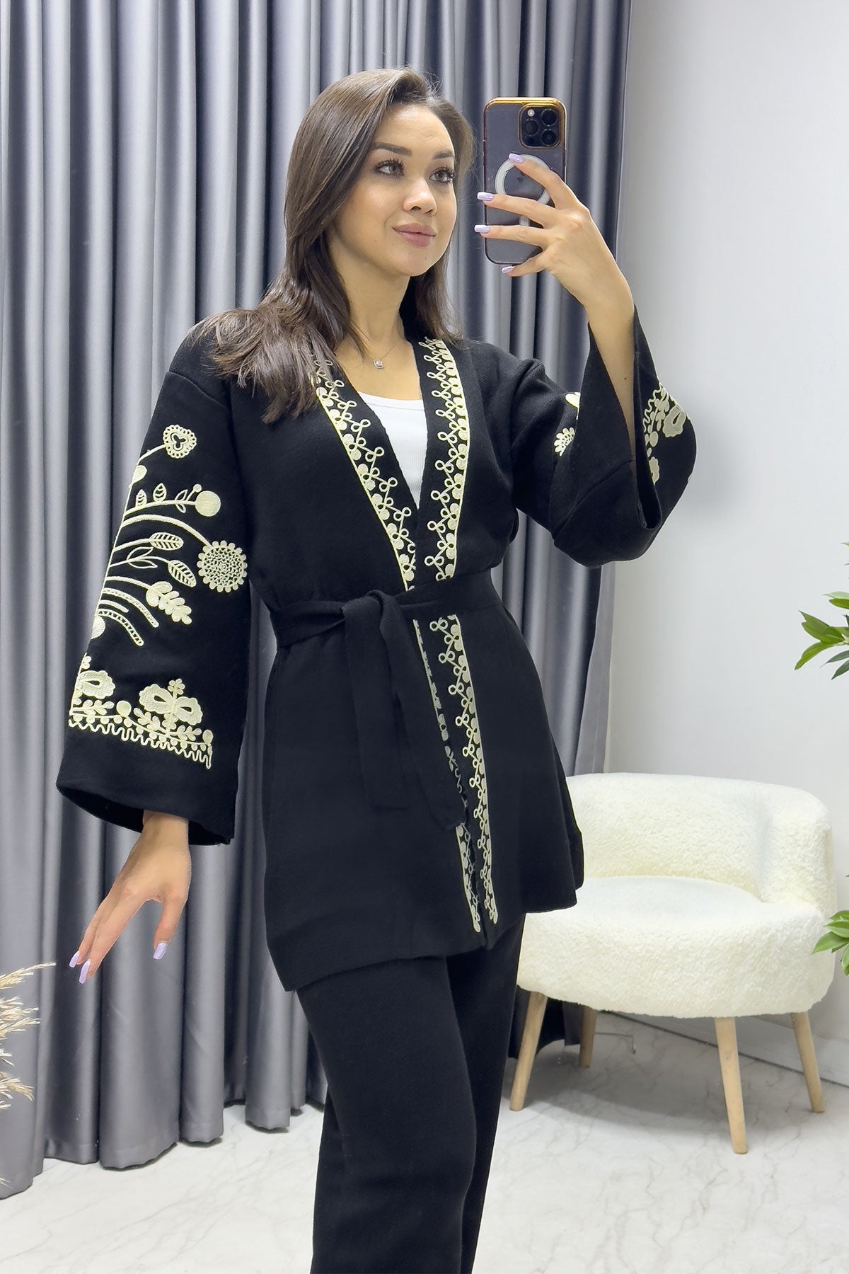 Siyah Nakışlı Etnik Desen Kimona Pantolon İkili Takim