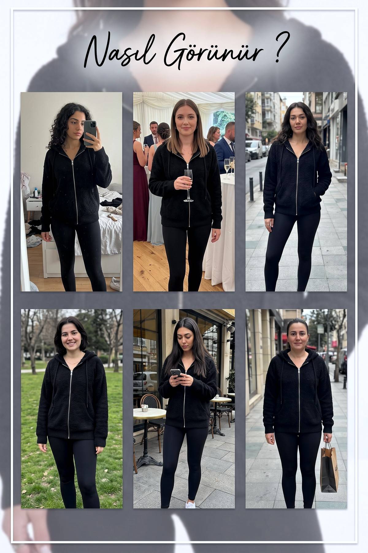 Farklı kadınlar üzerinde The ZKS siyah fermuarlı kapüşonlu hırka farklı mekanlarda kullanım örnekleri