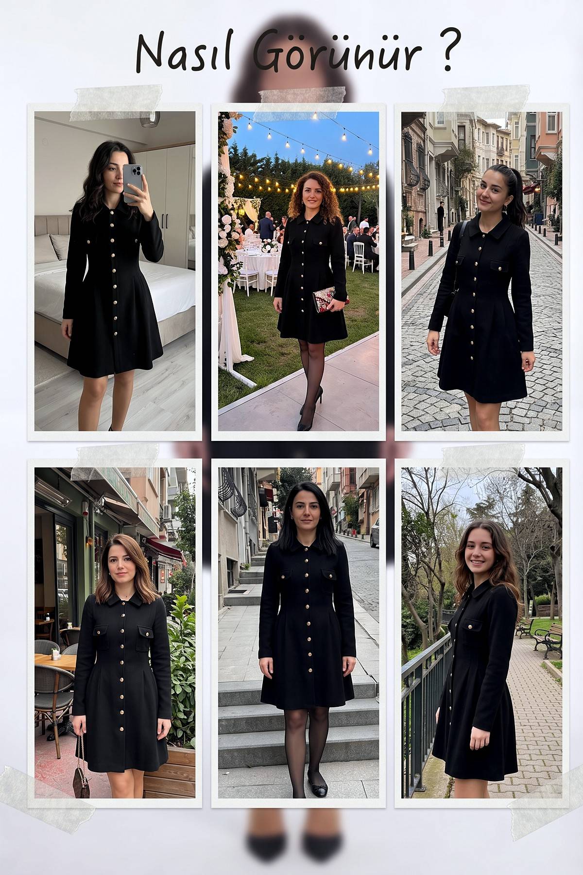 The ZKS siyah, gömlek yaka, uzun kollu, düğmeli, A kesim elbise farklı mekanlarda kullanım kombinleri