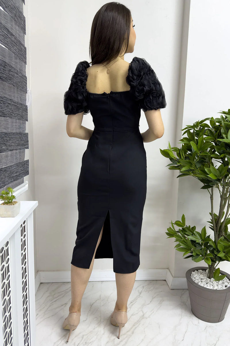 Siyah İnci detay Kalem Prenses Kol Tasarım Elbise