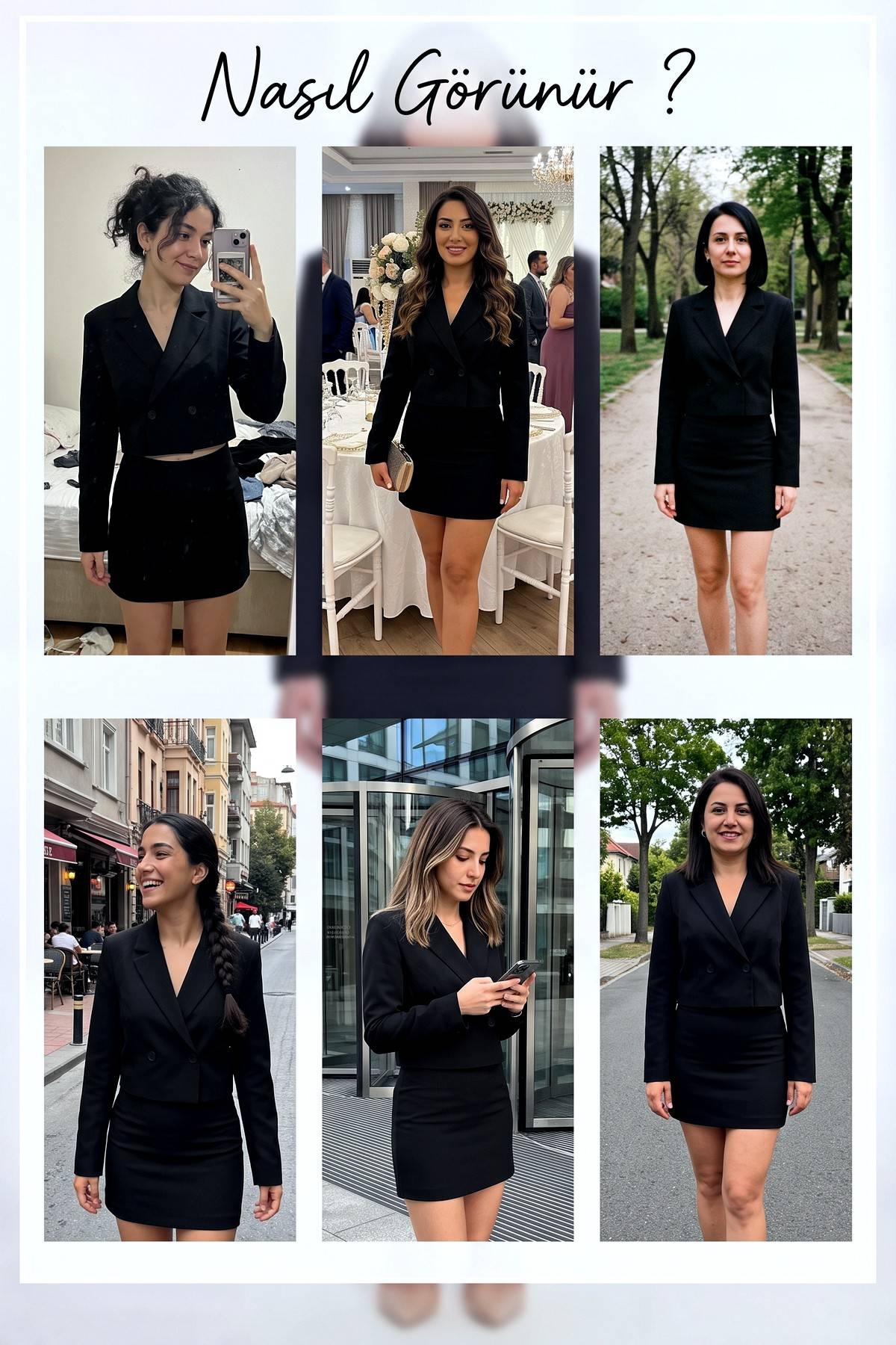 Farklı modellerde The ZKS siyah crop blazer ceket V yaka kruvaze düğmeli kombini kolajı