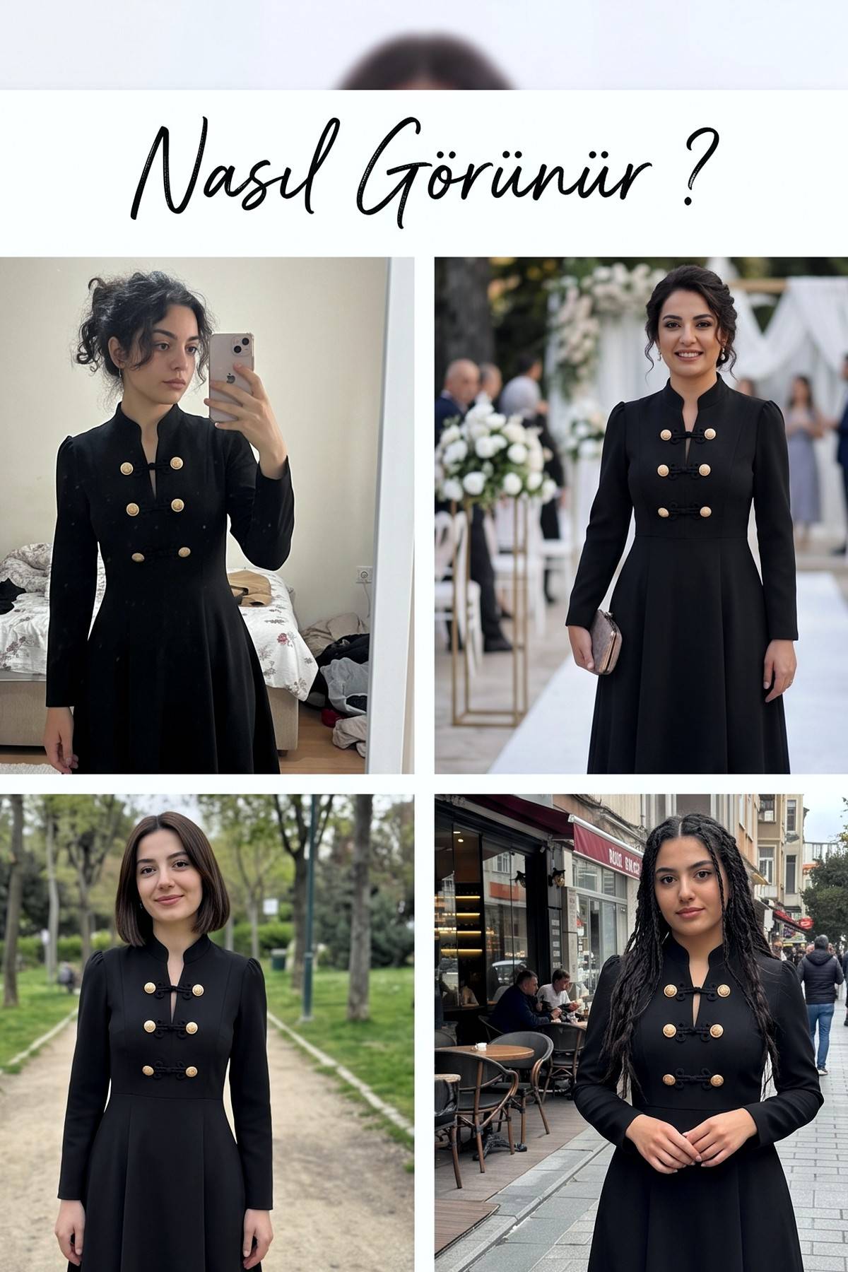 Farklı ortamlarda giyilmiş The ZKS siyah dik yaka düğmeli elbise kombinleri