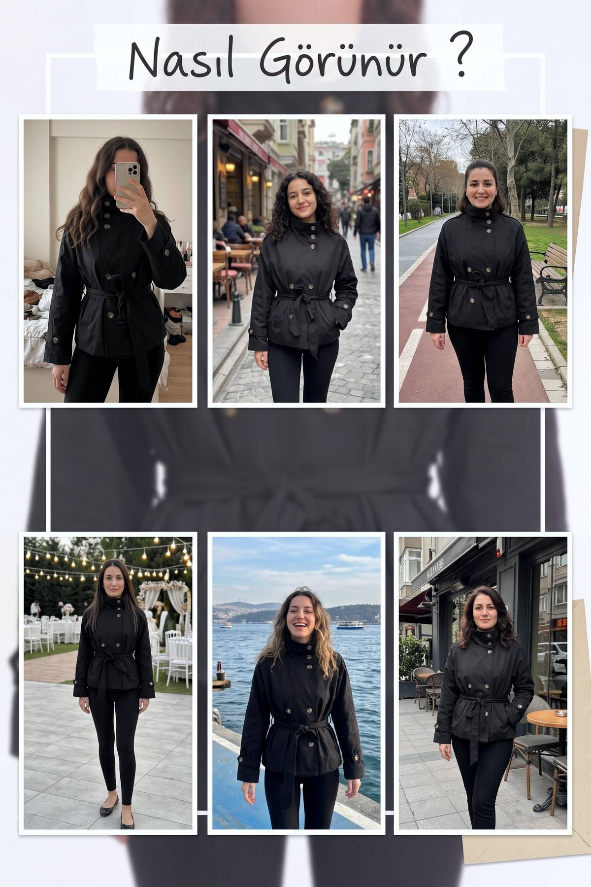 The ZKS siyah kısa trençkot farklı mekanlarda giyilmiş modelleri gösteren kolaj